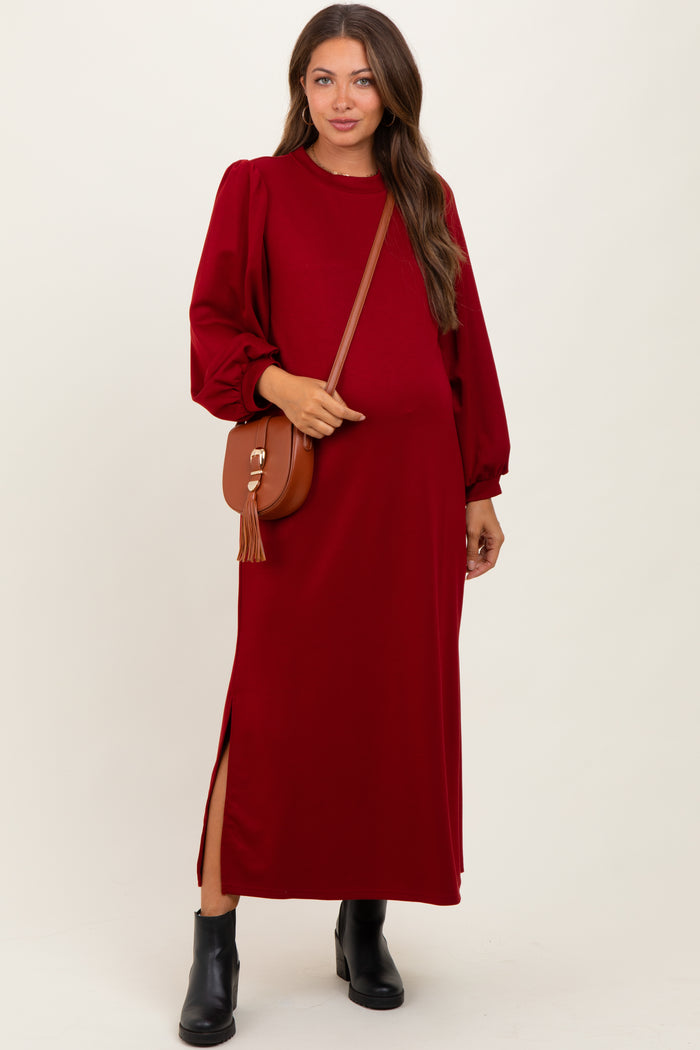 Burgundy Side Slit Detail Solid Maternity Midi Dress