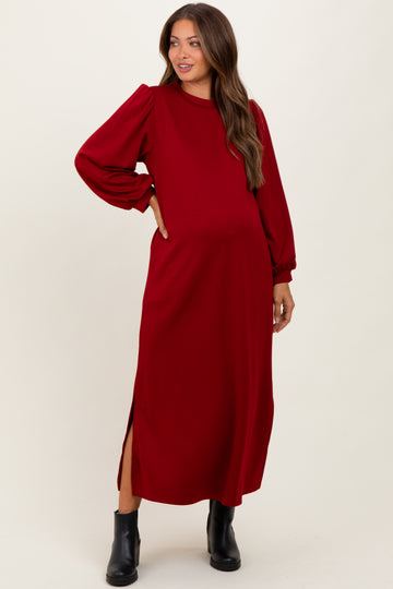 Burgundy Side Slit Detail Solid Maternity Midi Dress