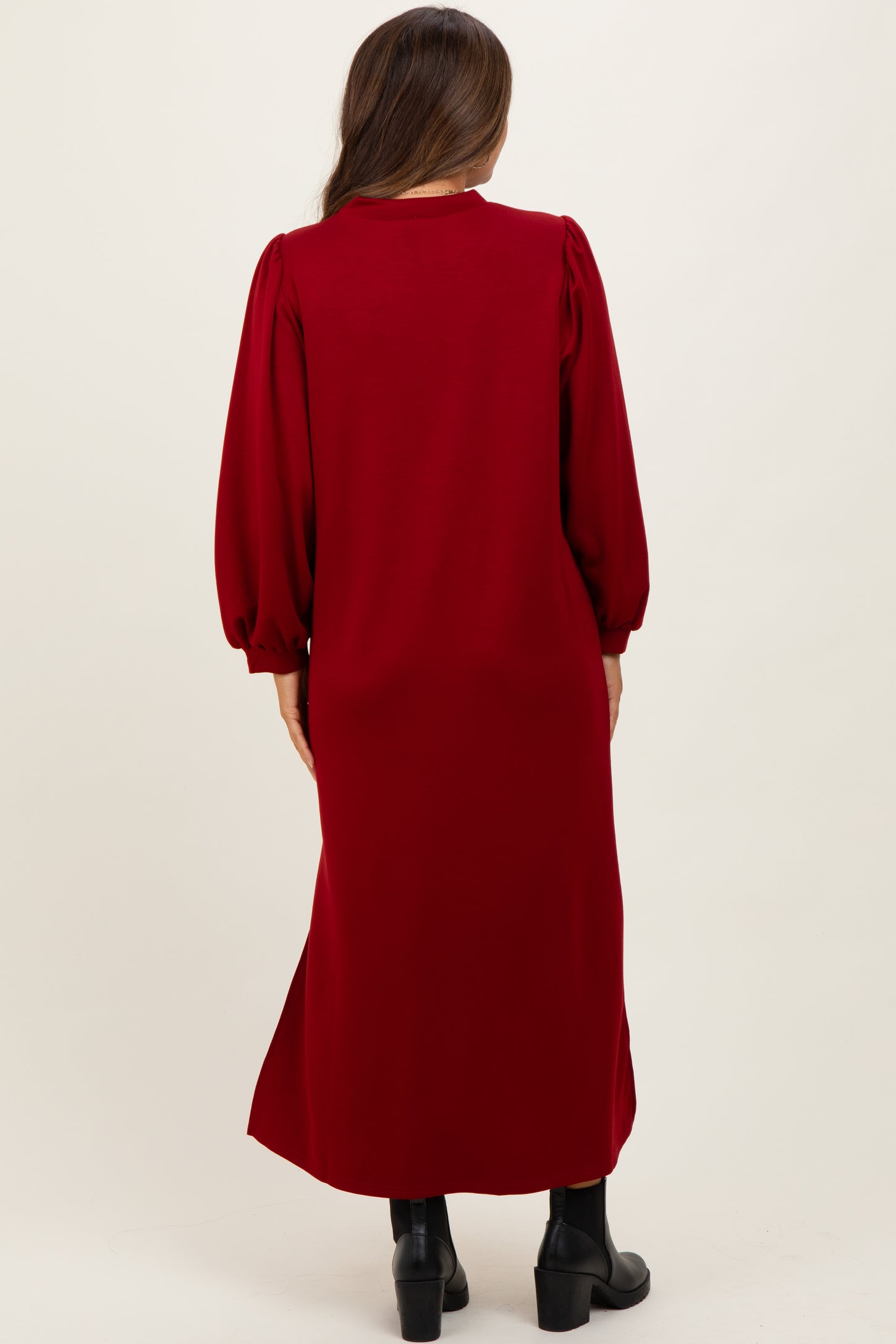 Burgundy Side Slit Detail Solid Maternity Midi Dress