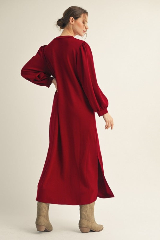 Burgundy Side Slit Detail Solid Midi Dress
