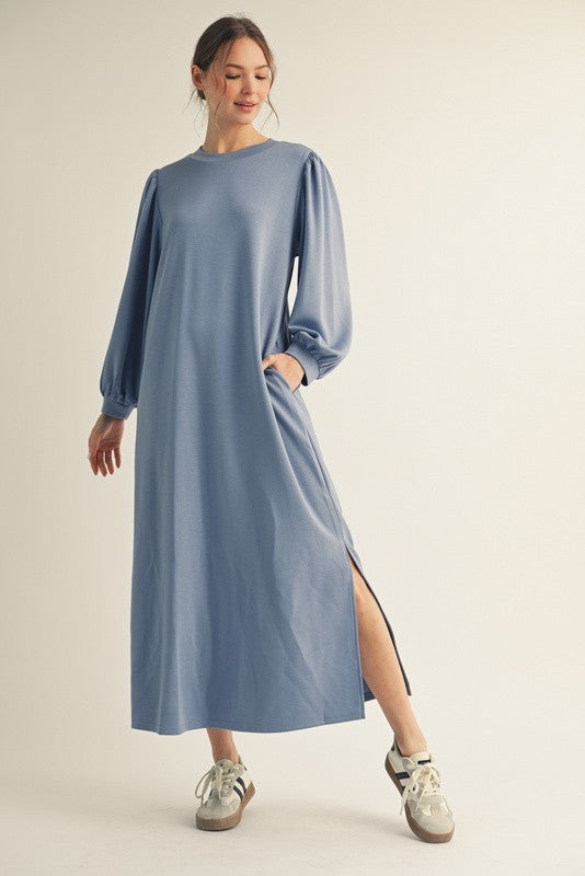 Blue Side Slit Detail Solid Maternity Midi Dress