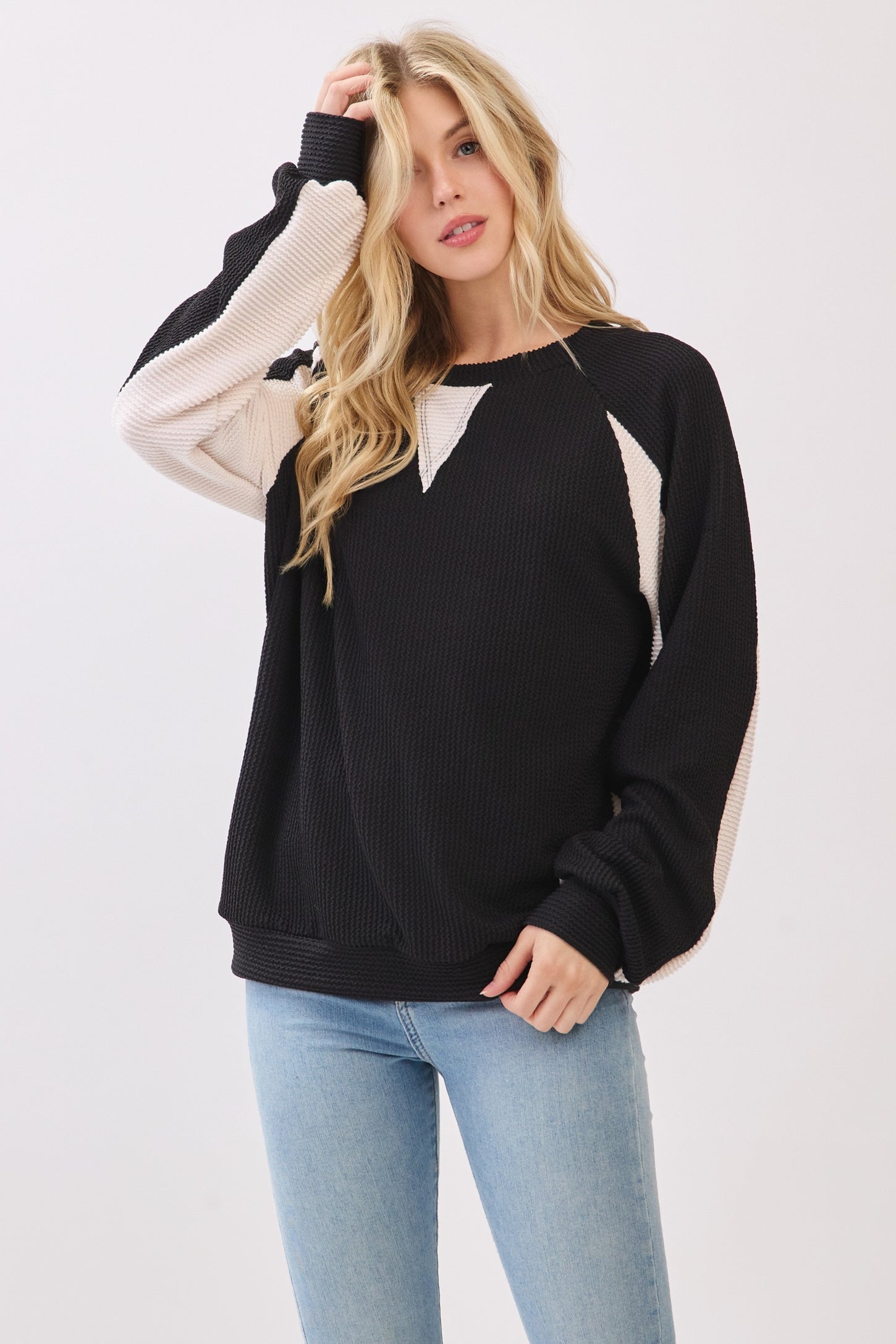 Black Textured Rib Colorblock Pullover