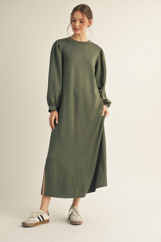 Olive Side Slit Detail Solid Maternity Midi Dress