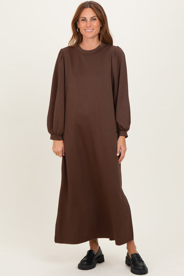 Brown Side Slit Detail Solid Midi Dress