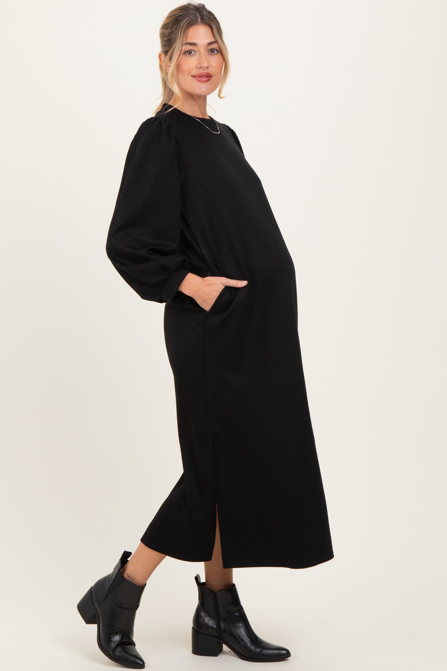 Black Side Slit Detail Solid Maternity Midi Dress