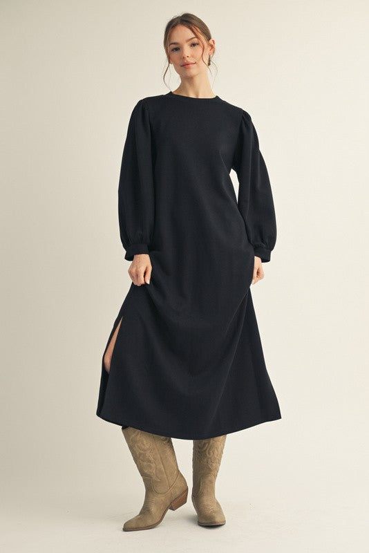 Black Side Slit Detail Solid Midi Dress