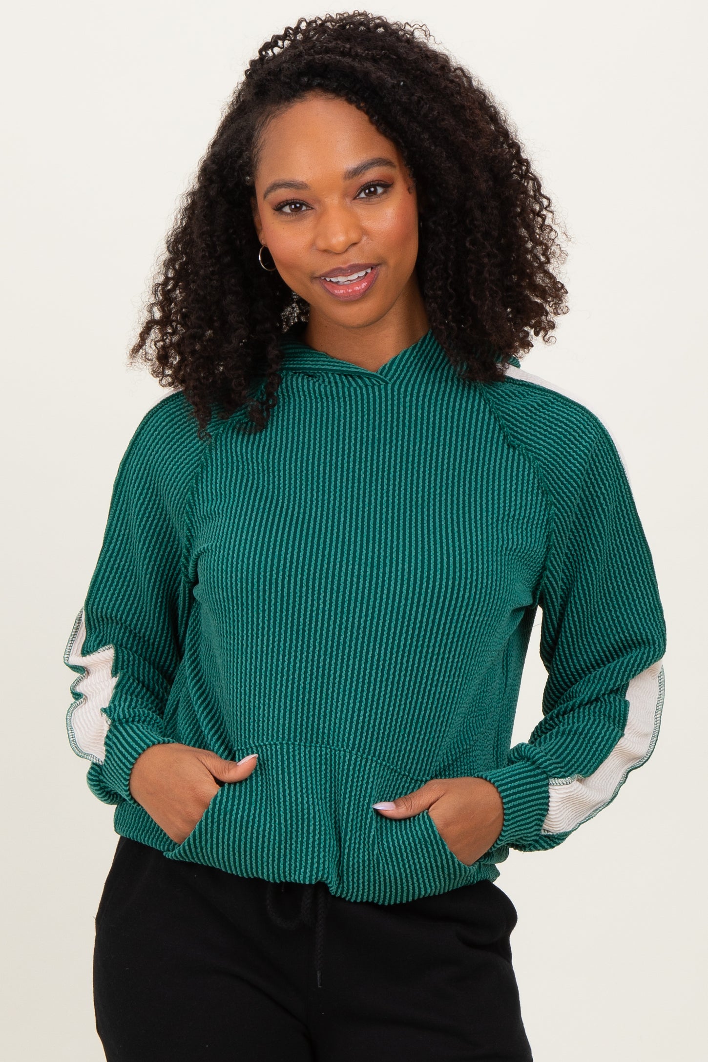 Forest Green Textured Rib Colorblock Hoodie