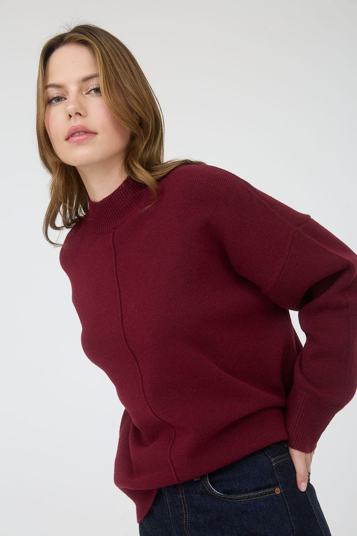 Burgundy Front Seam Mock Neck Sweater