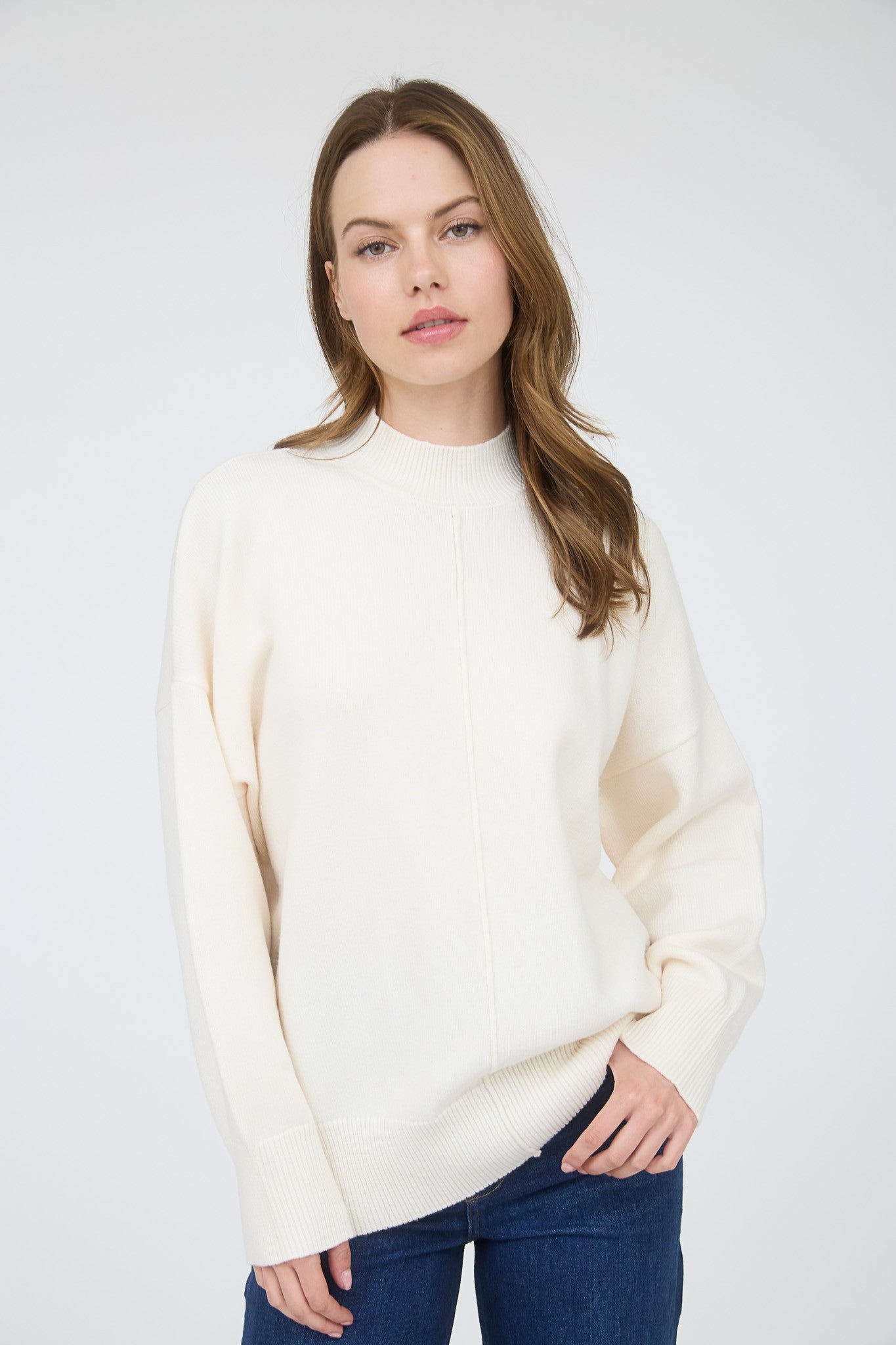 Cream Front Seam Mock Neck Maternity Sweater
