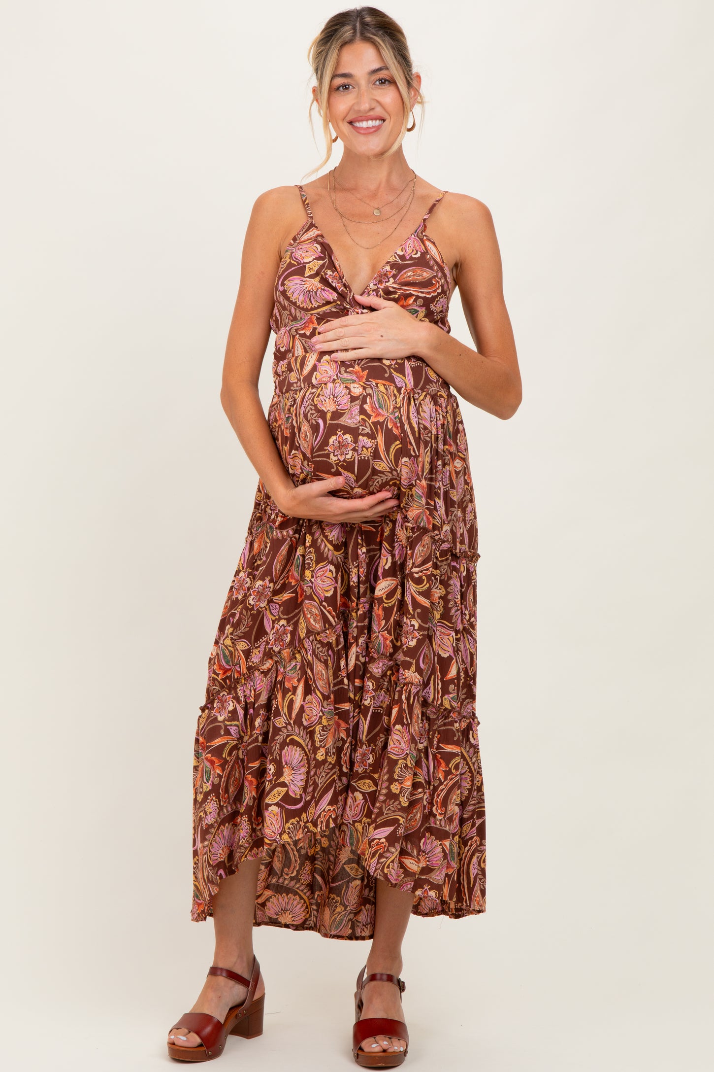 Brown V Neck Front Twist Hi Lo Maternity Maxi Dress