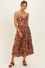 Brown V Neck Front Twist Hi Lo Maxi Dress