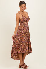 Brown V Neck Front Twist Hi Lo Maxi Dress