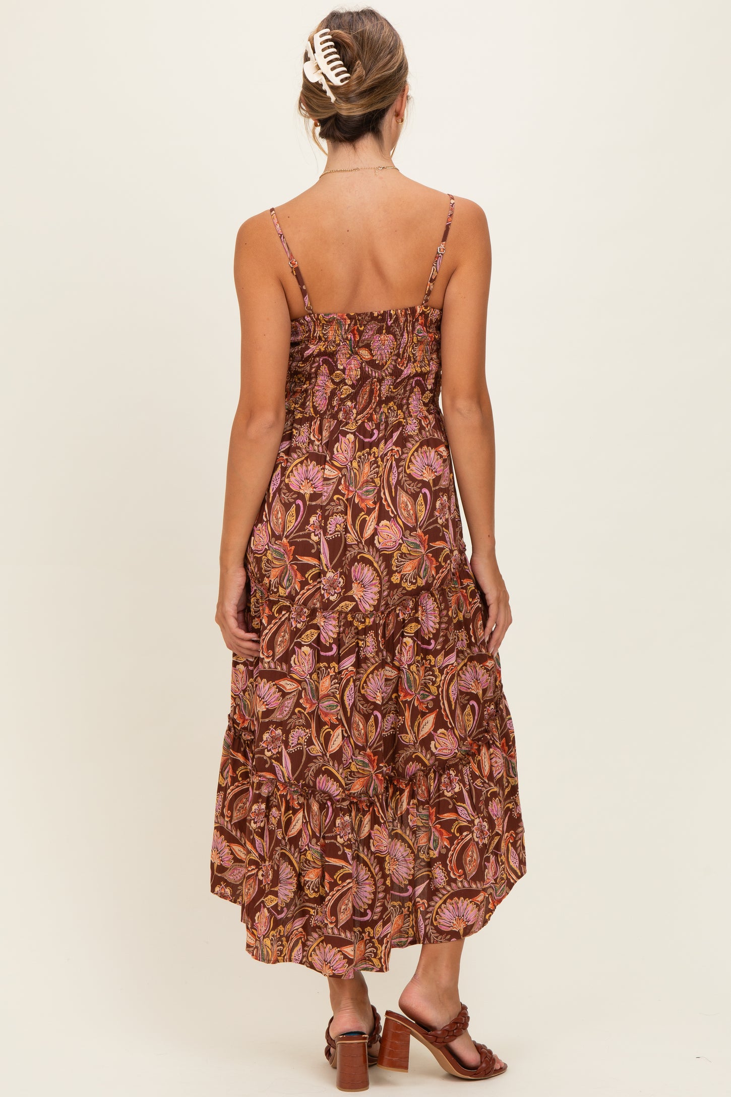 Brown V Neck Front Twist Hi Lo Maxi Dress