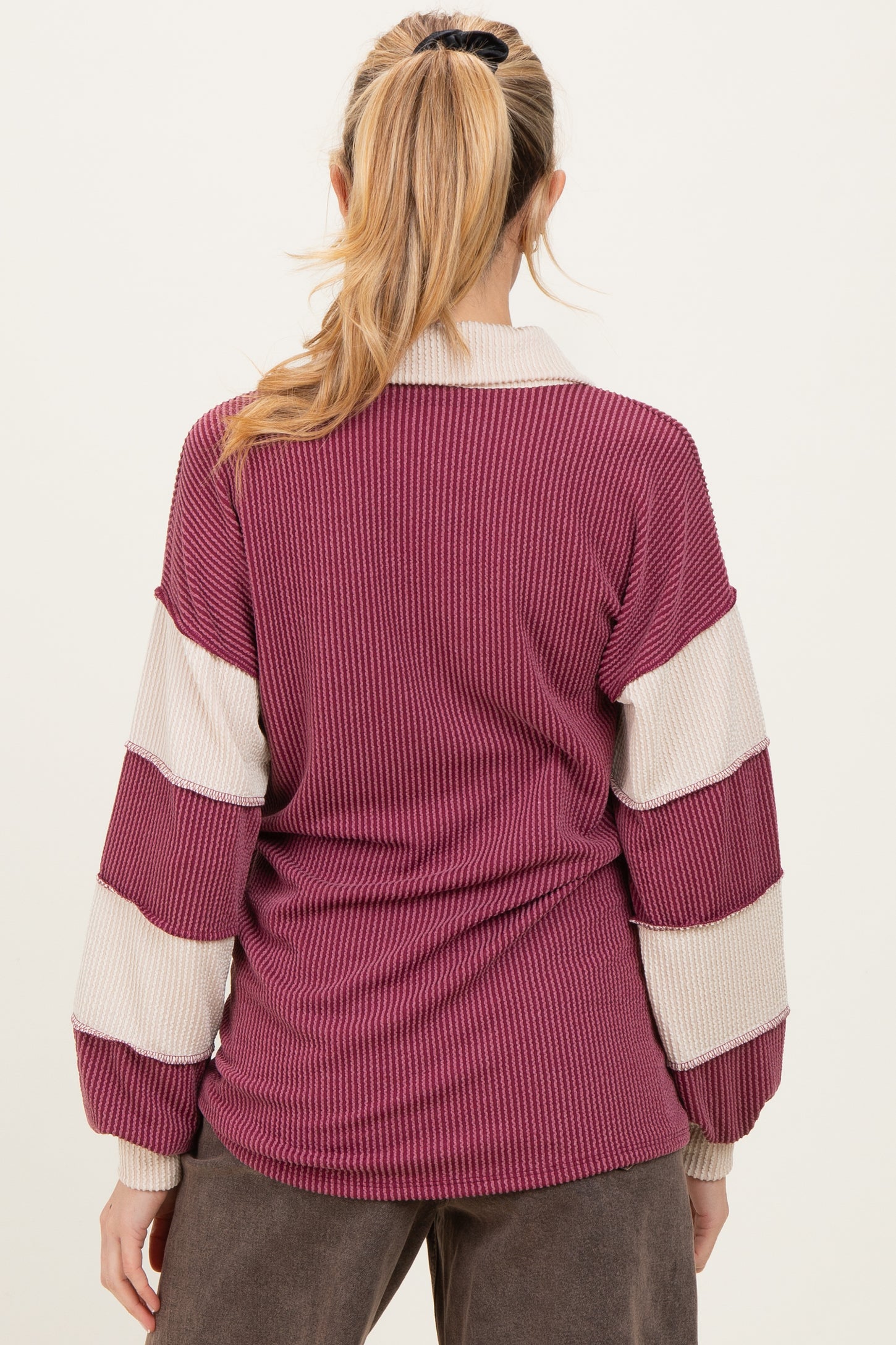 Burgundy Long Sleeve Collar Solid Contrast Maternity Top