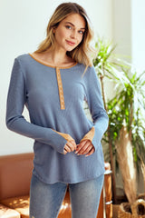 Blue Colorblock Snap Button Henley