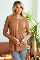 Camel Colorblock Snap Button Henley