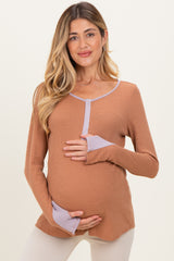 Camel Colorblock Snap Button Maternity Henley
