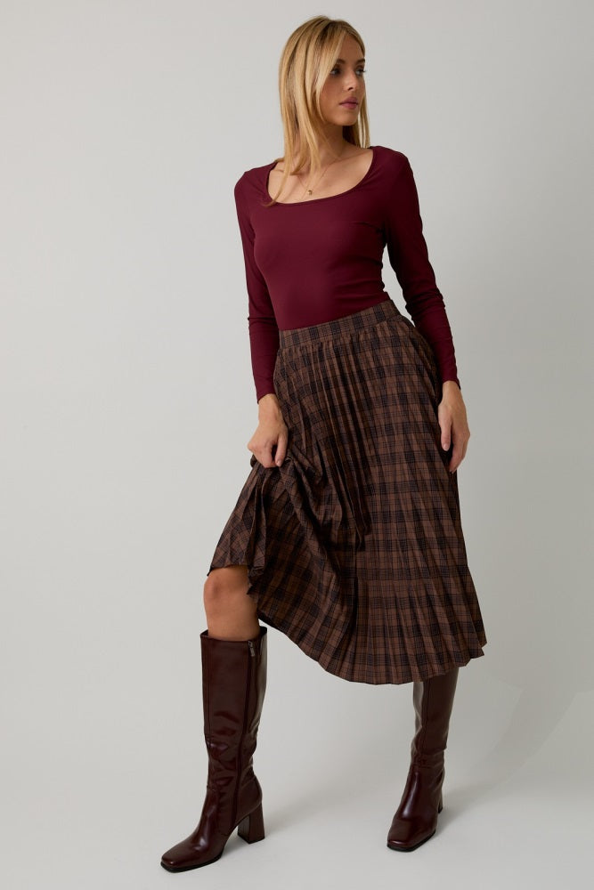 Brown Plaid Pleated Midi Skirt
