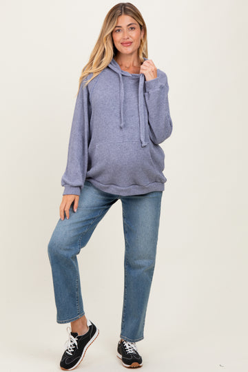 Denim Blue Long Sleeve Solid Maternity Hoodie Top