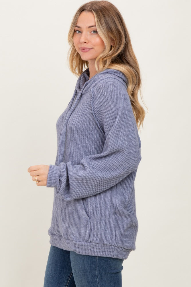 Denim Blue Long Sleeve Solid Hoodie Top