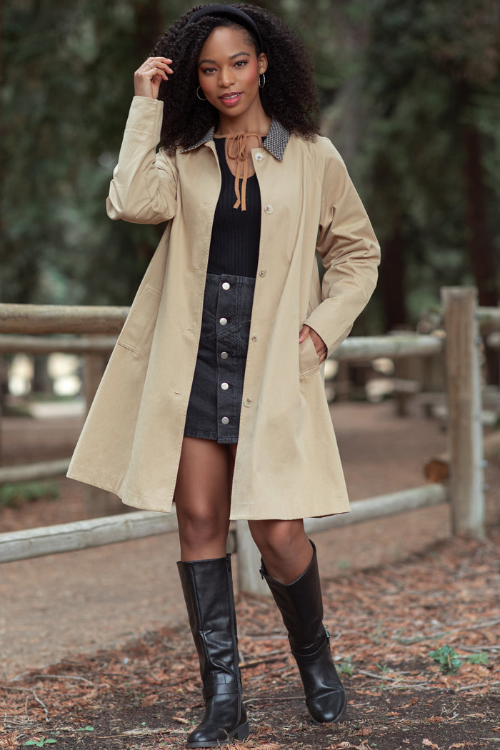 Camel Plaid Contrast A-Line Maternity Midi Trench Coat