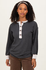 Charcoal Long Sleeve Contrast Button Detail Rib Top