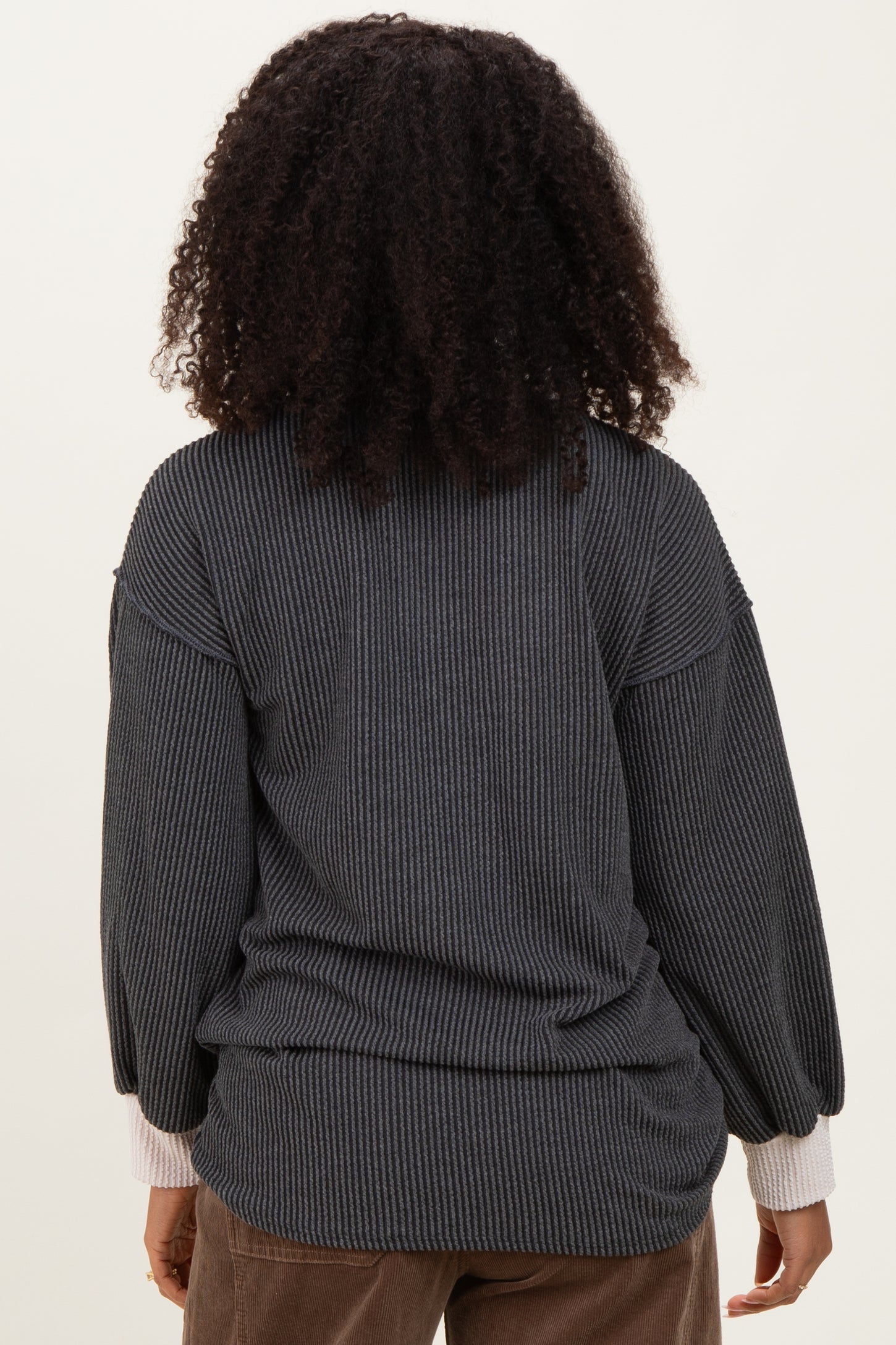 Charcoal Long Sleeve Contrast Button Detail Rib Top