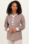 Mocha Long Sleeve Contrast Button Detail Rib Top