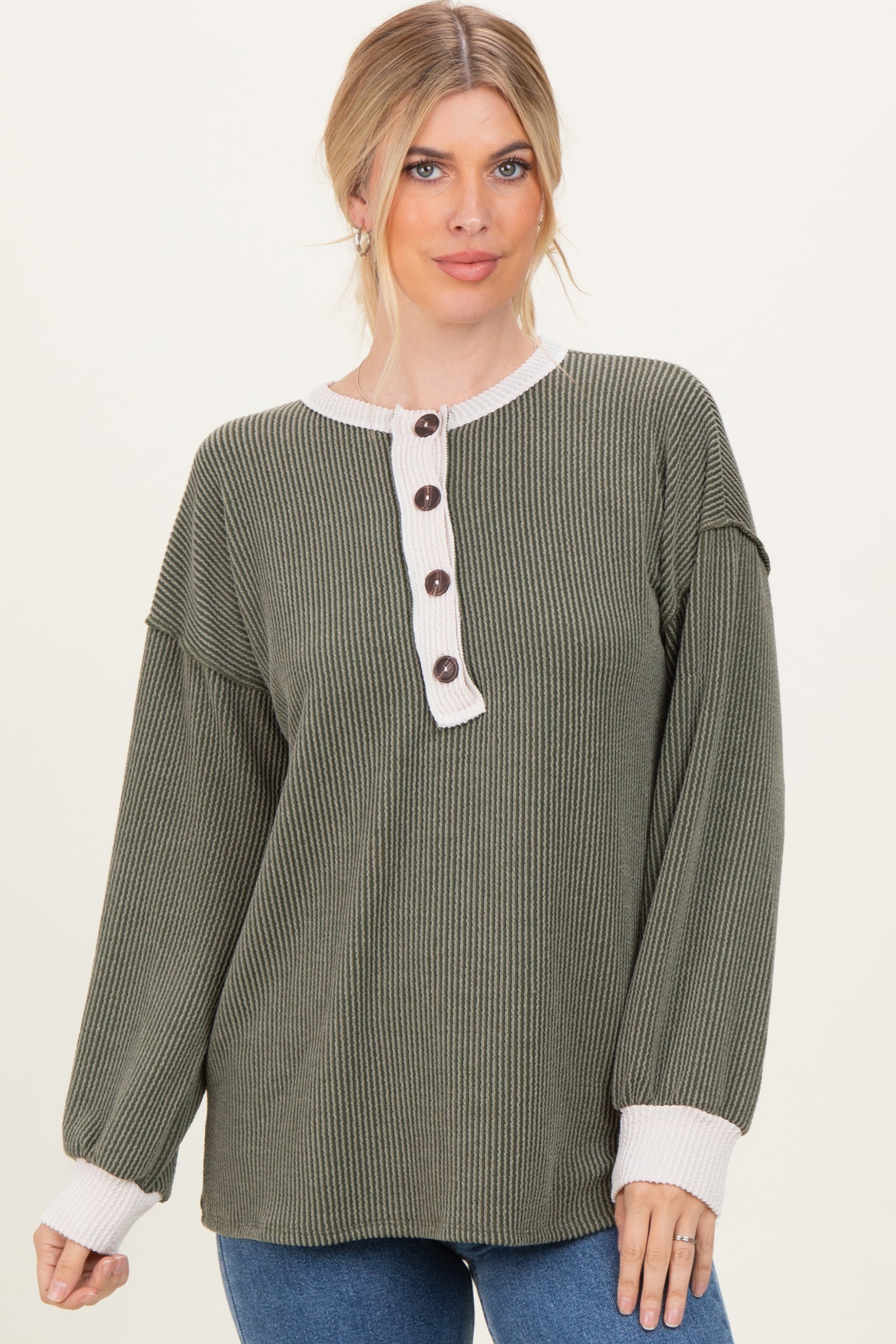 Olive Long Sleeve Contrast Button Detail Rib Maternity Top