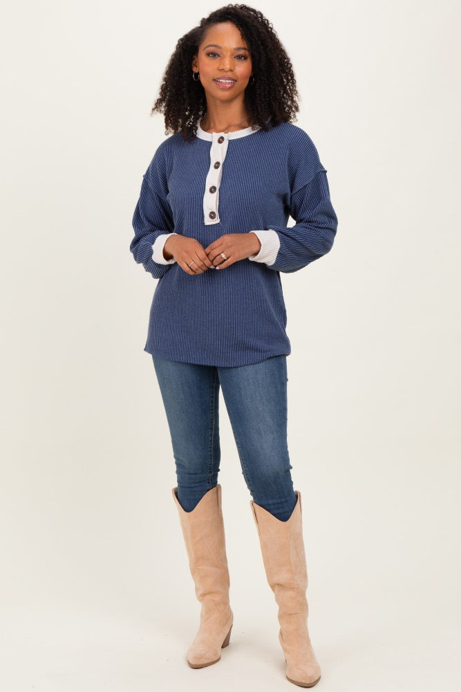 Navy Long Sleeve Contrast Button Detail Rib Top