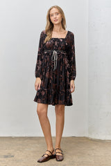 Black Floral Velvet Ruffle Accent Dress