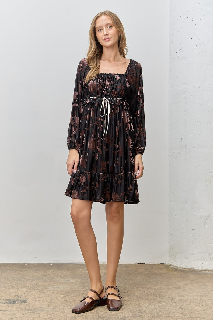 Black Floral Velvet Ruffle Accent Maternity Dress