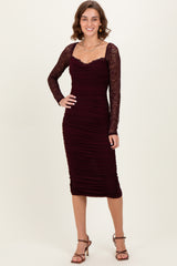 Burgundy Ruched Lace Sleeve Maternity Midi Dress