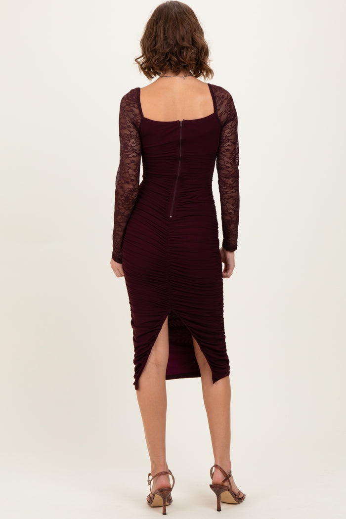 Burgundy Ruched Lace Sleeve Midi Dress