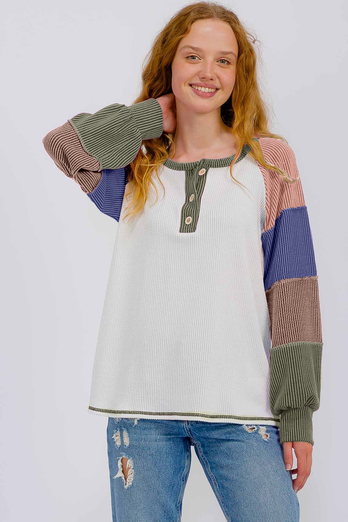 Olive Multi Textured Rib Colorblock Raglan Maternity Long Sleeve