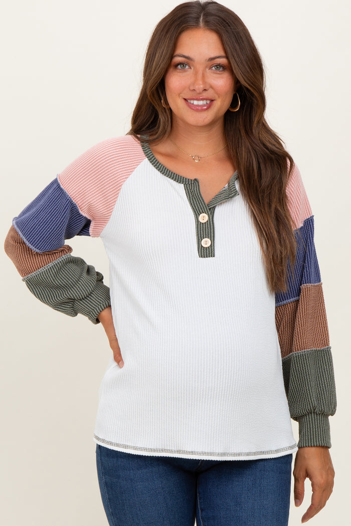 Olive Multi Textured Rib Colorblock Raglan Maternity Long Sleeve