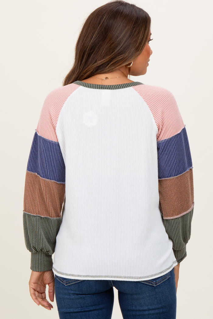 Olive Multi Textured Rib Colorblock Raglan Maternity Long Sleeve