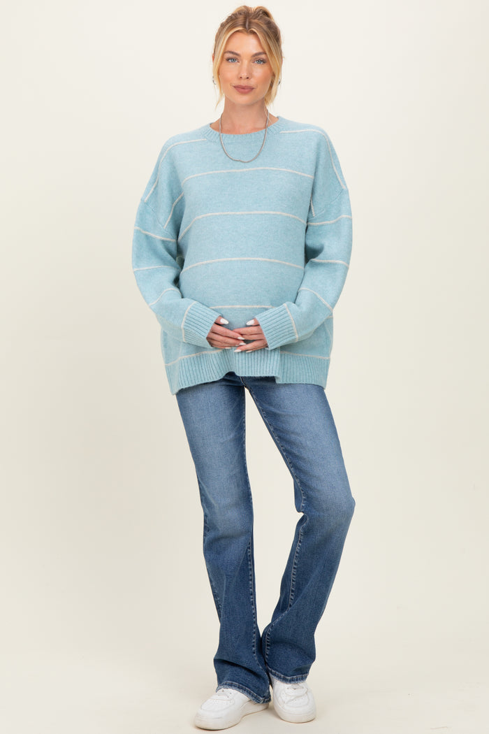 Light Blue Striped Drop Shoulder Maternity Sweater