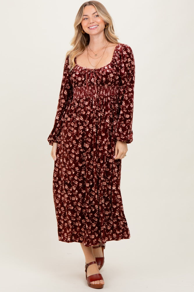 Burgundy Floral Velvet Smocked Midi Dress