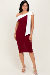 Burgundy Oversized Bow One Shoulder Maternity Midi Dress