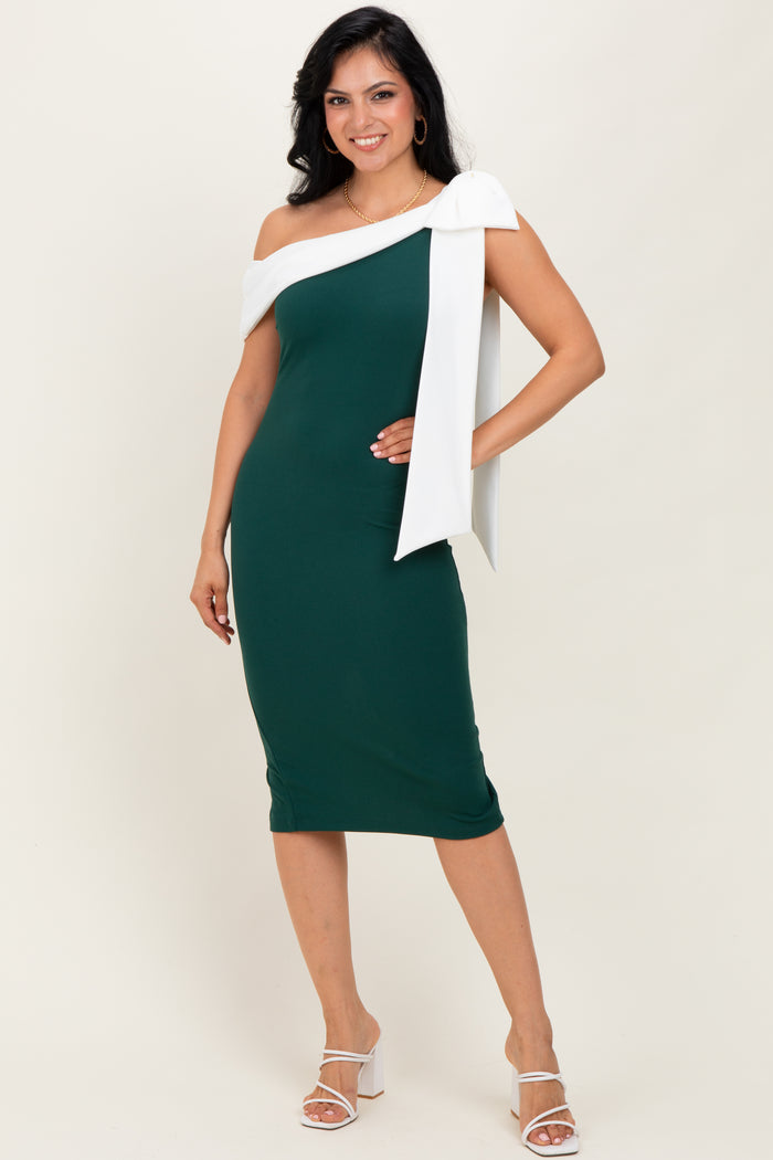 Forest Green Oversized Bow One Shoulder Midi Dress