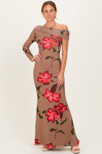 woman wearing a brown off-the-shoulder maxi dress with red floral prints and long sleeves