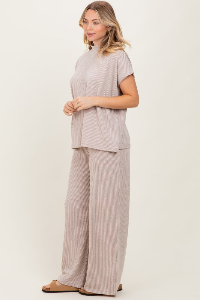 Cream Textured Rib Mock Neck Short Sleeve Pant Set