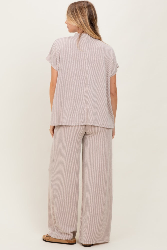 Cream Textured Rib Mock Neck Short Sleeve Pant Set