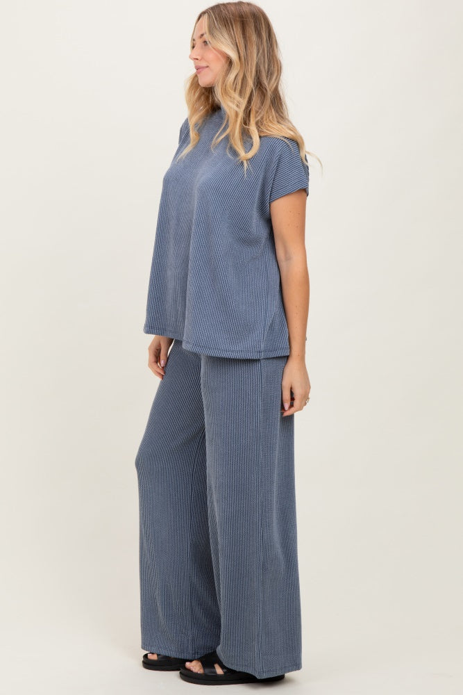 Blue Textured Rib Mock Neck Short Sleeve Pant Set