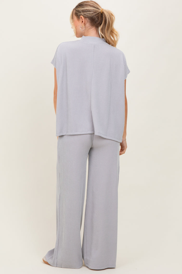 Light Grey Textured Rib Mock Neck Short Sleeve Pant Set