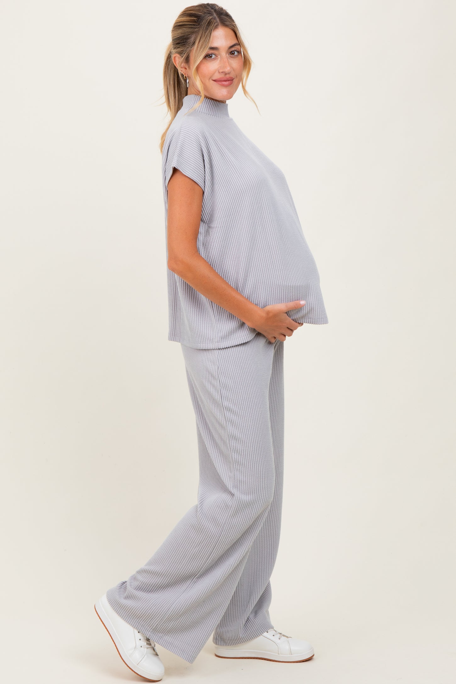 Light Grey Textured Rib Mock Neck Short Sleeve Pant Maternity Set