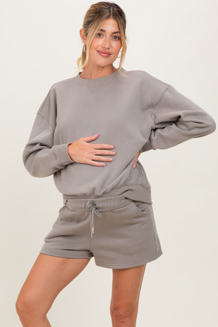 Taupe Fleece Sweatshirt Shorts Maternity Set