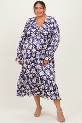 Navy Floral Tiered Ruched V-Neck Satin Plus Maxi Dress