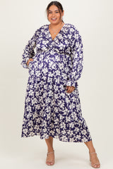 Navy Floral Tiered Ruched V-Neck Satin Plus Maxi Dress